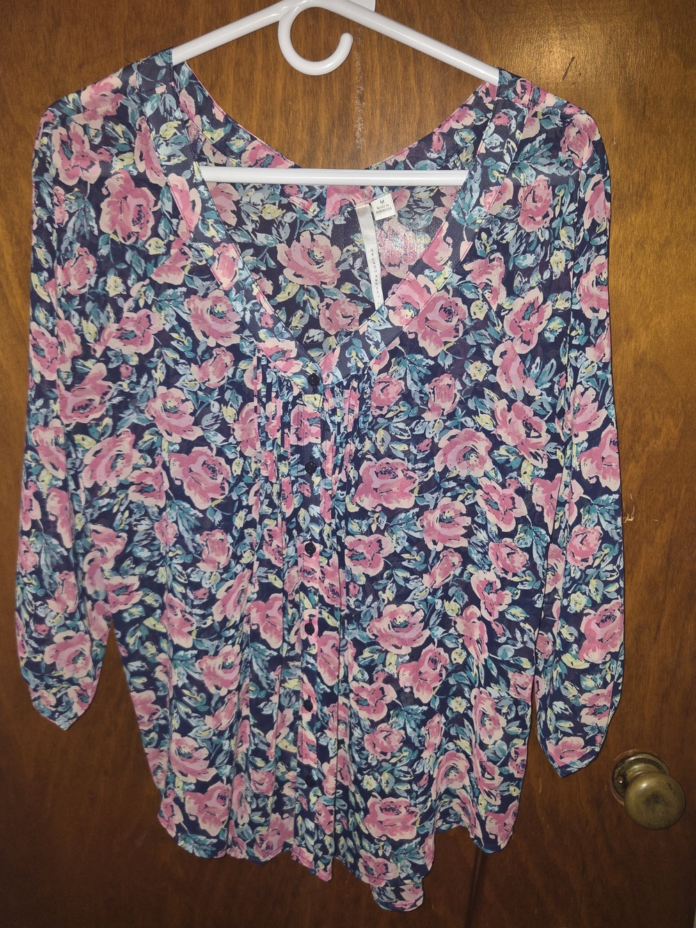 LC Lauren Conrad Navy Blouse with Pink Floral Pattern